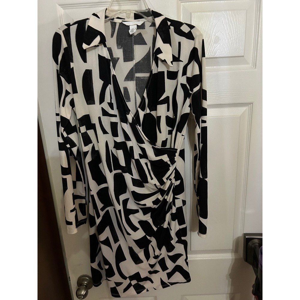 Jersey Crêpe‎ Wrapover Dress (HM Black White Geometric Abstract mod Dress Size L